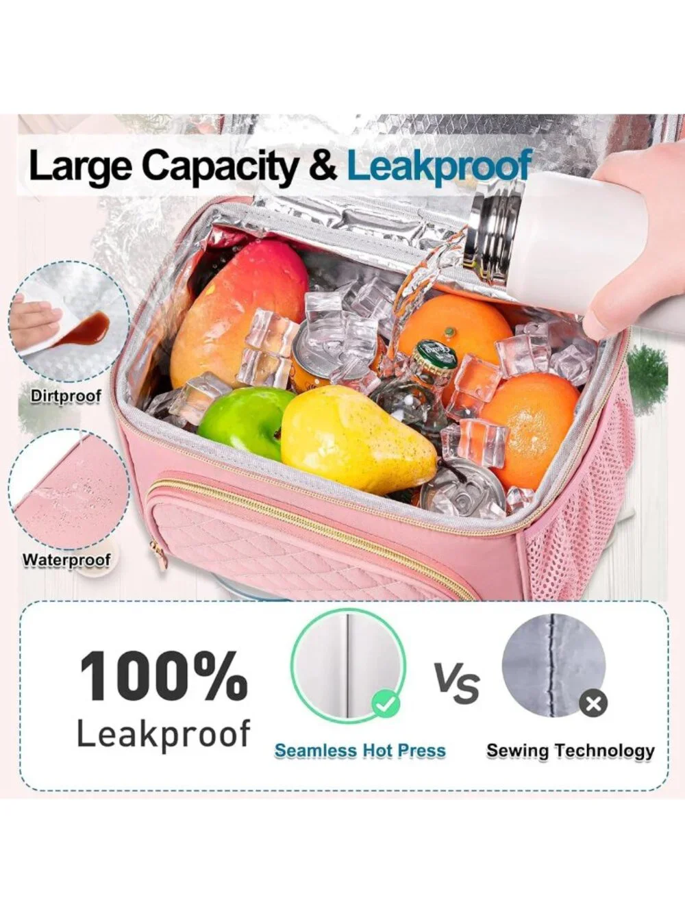 Insulated Dual Compartment Lunch Bag, Leakproof Cooler for Work & Picnic - Pink
